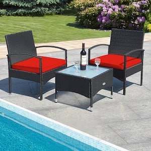 3 -Pieces Patio Wicker Rattan Furniture Set Coffee Table & 2 Rattan Chair with Cushion Red