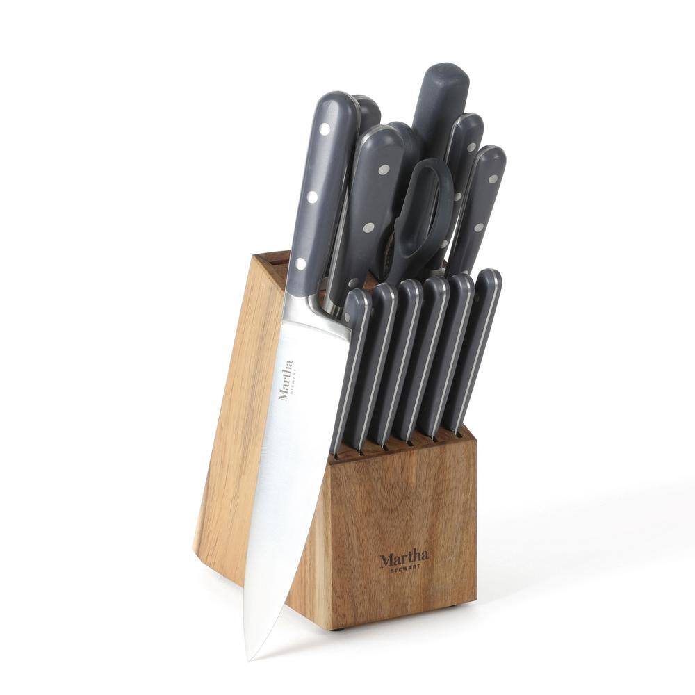 Gray 14-Piece Stainless Steel Cutlery Set with Acacia Wood Block