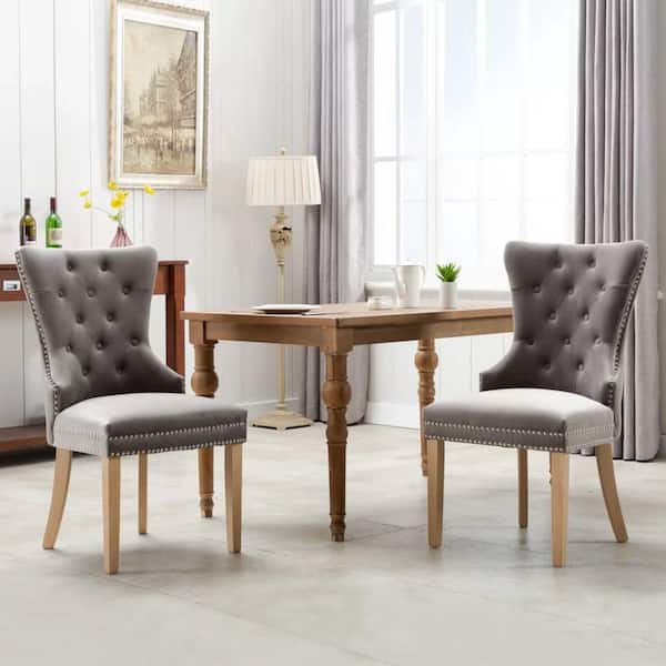 Home Beyond Troyes Tufted Wingback Upholstered Dining Chairs with Nailhead Trim and Wooden Legs in Light Gray (Set of 2)