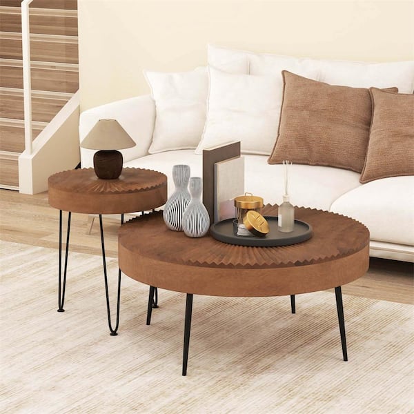 31.5 in. Coffee Round Wood Coffee Table with End Table Natural Finish for Living Room (Set of 2)