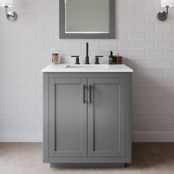 Wyndham Collection Miranda 30 in. W x 22 in. D x 33.75 in. H Single Bath Vanity in Dark Gray with White Quartz Top and 24 in. Mirror