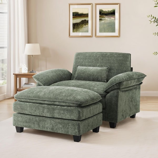 2-Piece Gray Green Chenille Fabric Upholstery Accent Chair with Ottoman 3-Layer Cushion Armchair