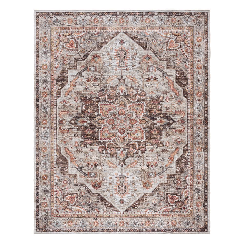 Soha Brown and Beige Traditional Medallion Washable Area Rug, 5' x 7'