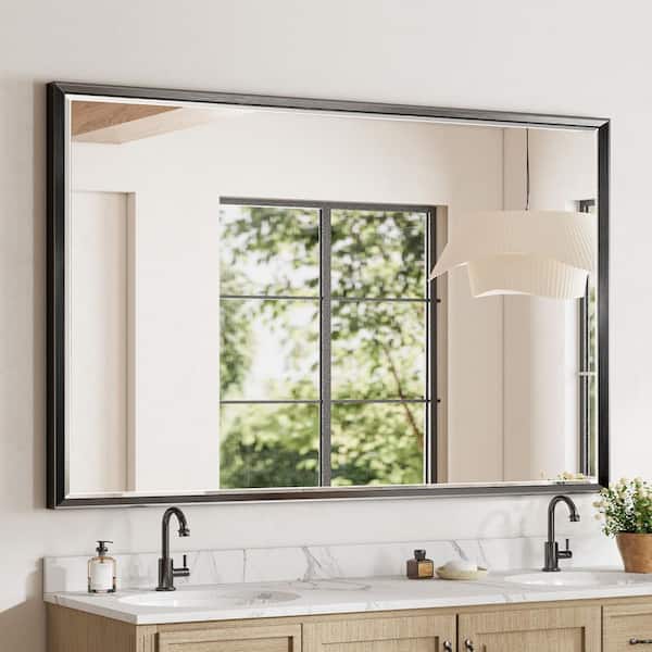 48 in. W x 30 in. H Aluminum Beveled Edge Rectangular Framed Bathroom Vanity Wall Mount Mirror in Brushed Black
