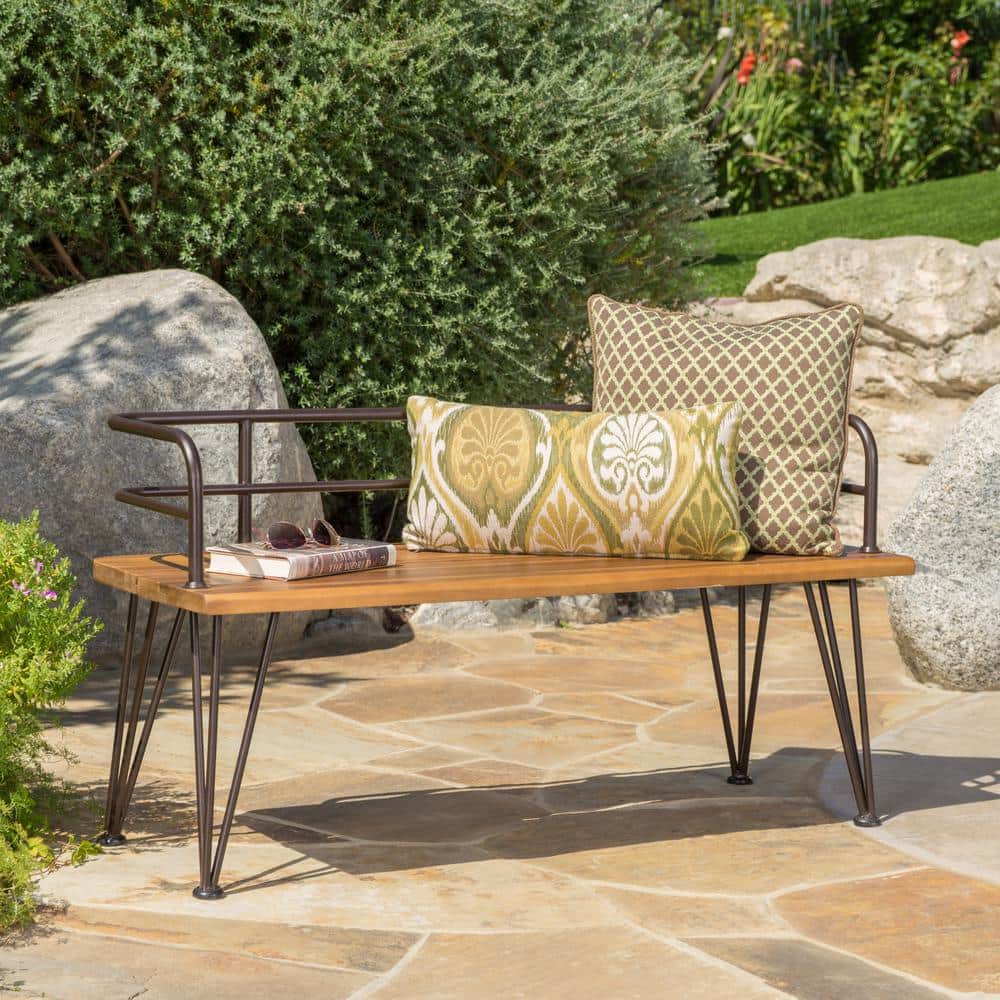 Outdoor Rustic Industrial Acacia Wood Bench with Metal Legs, Teak for Beach