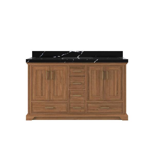 Willow Collections Charlotte Teak 60 in. W x 22 in. D x 36 in. H Double Sink Bath Vanity in Dark Natural with 2 in. Calcutta Black Qt. Top