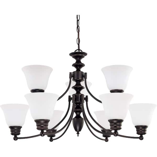 SATCO 9-Light Mahogany Bronze Chandelier with Frosted White Glass Shade