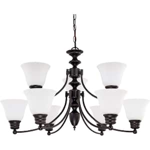 9-Light Mahogany Bronze Chandelier with Frosted White Glass Shade