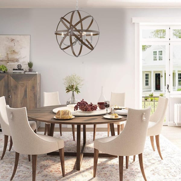 6-Light Brown and Brushed Nickle Pendant Lights Fixture with Open Globe Metal Shade Chandeliers