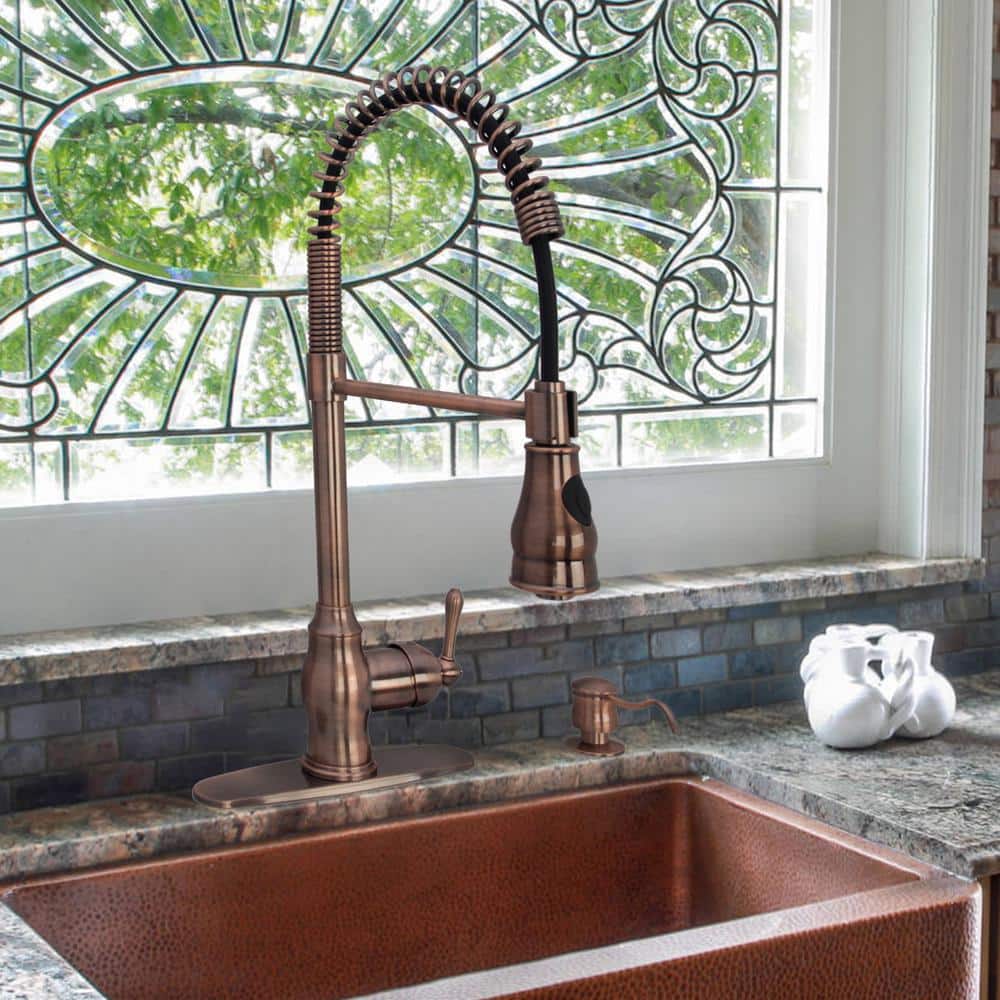 Antique Copper Pre-Rinse Spring Kitchen Faucet with Pull Down Sprayer
