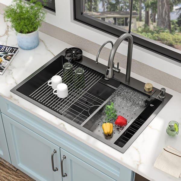 33 Drop In Black Workstation Kitchen Sink, VAPSINT 33x22 Inch Drop In Gunmetal Black Stainless Steel Kitchen Sink, Topmount Single Bowl Handmade Farmhouse Sinks With Accessories - View #2