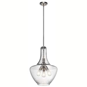 Everly 22.75 in. 3-Light Brushed Nickel Transitional Shaded Kitchen Bell Pendant Hanging Light with Clear Seeded Glass