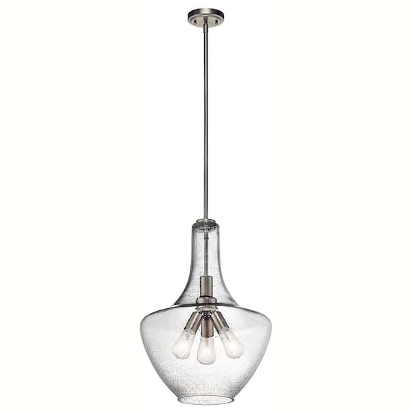 KICHLER Everly 22.75 in. 3-Light Brushed Nickel Transitional Shaded Kitchen Bell Pendant Hanging Light with Clear Seeded Glass