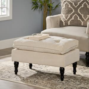 Cream Fabric Rectangle Mid Century Morden Accent 28.5 in. Ottoman with Tufted Pillow Top, Solid Birch Legs