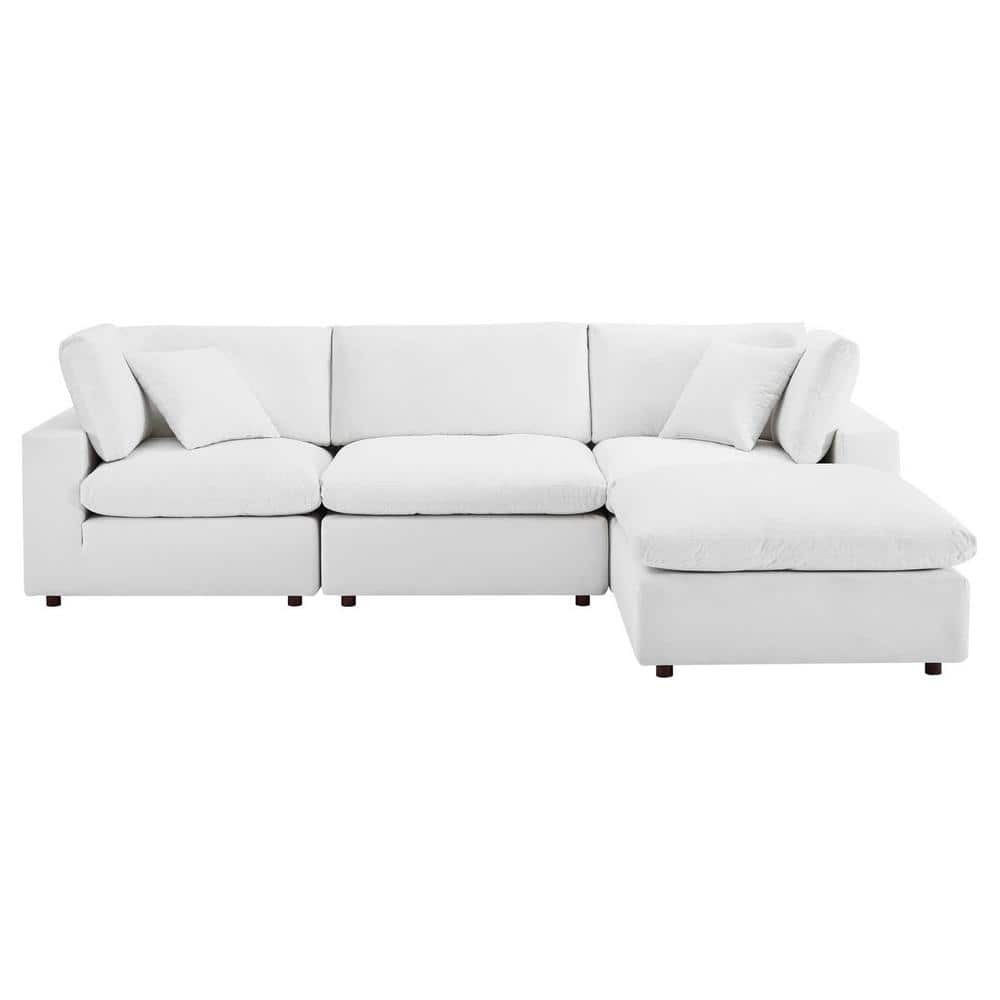 Luxurious White Velvet 4-Piece Sectional Sofa with Ottoman