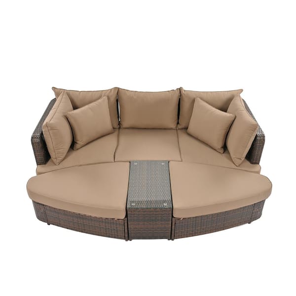 Zeus & Ruta 6-Piece Gray Wicker Patio Conversation Set with Coffee Table and Brown Cushions