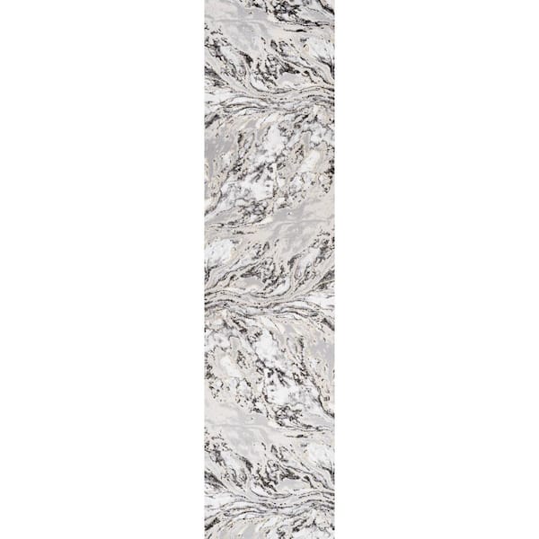 Swirl Marbled Abstract Gray/Black 2 ft. x 10 ft. Runner Rug
