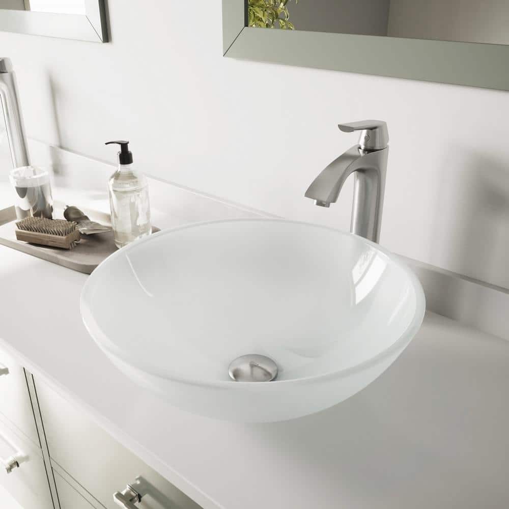 White Frost Glass Round Vessel Sink with Brushed Nickel Faucet