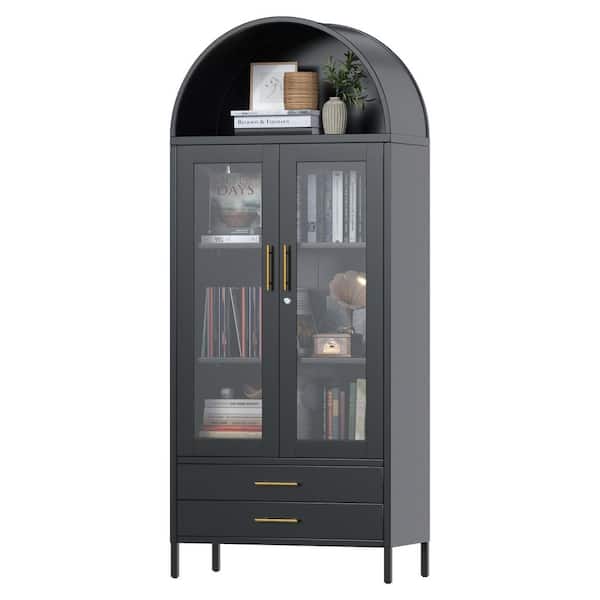 Kaikeeqli 73 in.H x 31 in.W x 15 in. D Steel Storage Freestanding Cabinet with Glass Doors and 2 Drawers in Black