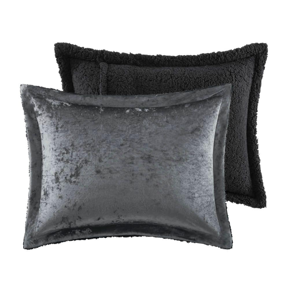 Charcoal King Velvet Reversible Comforter Set with Sherpa