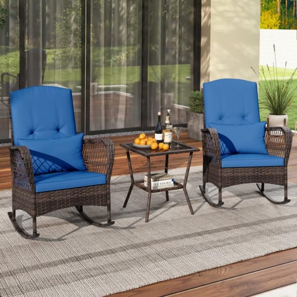 Kadehome 3-Piece Wicker Outdoor Chat Set with Blue Cushion and 2-Tier Coffee Table
