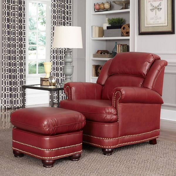 HOMESTYLES Winston Red Faux Leather Arm Chair with Ottoman
