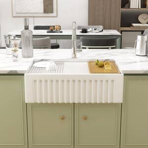 Brooklyn Crisp White Fireclay 33 in. Single Bowl Farmhouse Apron Workstation Kitchen Sink with Accessories