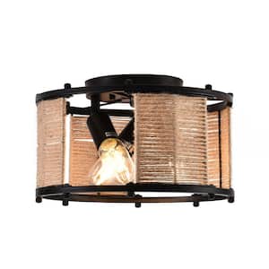 12.6 in. 3-Light Black Flush Mount Celling Light Caged Retro Farmhouse Style with Handmade Woven Rattan Shade