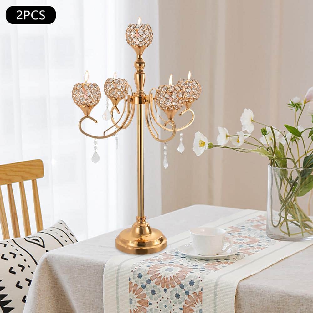 Gold Crystal 5-Arm Tabletop Candelabra Set