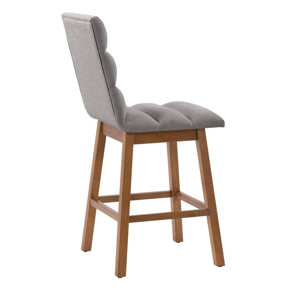 Side view of a light grey channel tufted fabric barstool.