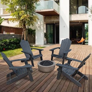 Lanier 5-Piece Black Recycled Plastic Patio Conversation Adirondack Chair Set with a Brown Wood-Burning Firepit