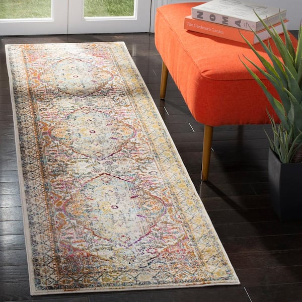Baldwin 2 ft. x 12 ft. Ivory/Teal Border Floral Medallion Runner Rug