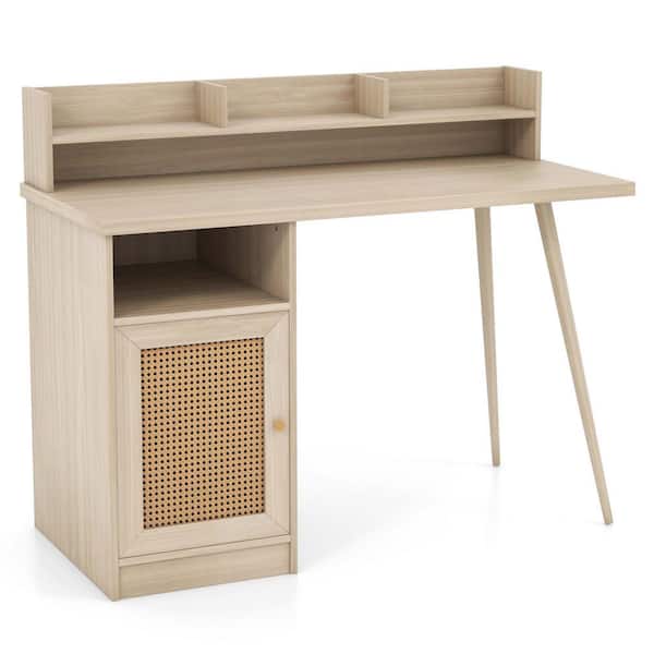 Costway 48 in. Rectangular White Oak Computer Desk with Hutch Mid Century Workstation PE Rattan Cabinet