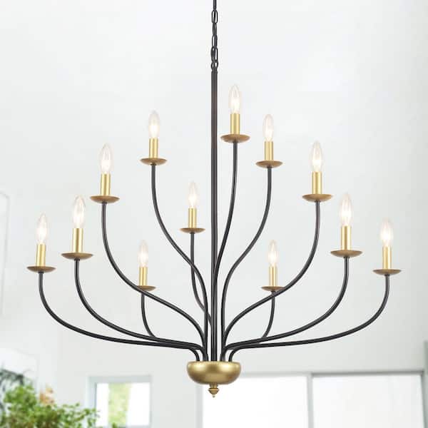 LWYTJO 12-Light Transition Black and Gold Candlestick Chandelier Modern Pendant Light for Dining Room