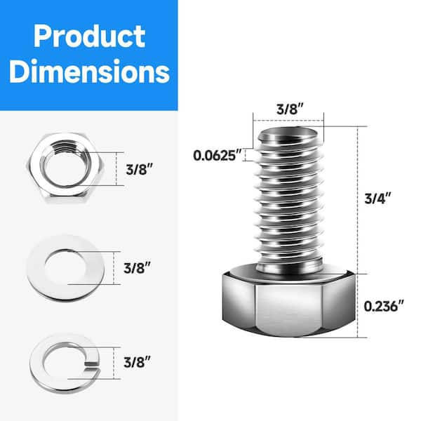 3/8 in. -16 x 3/4 in. 304 Stainless Steel Hex Bolt (12-Pack)