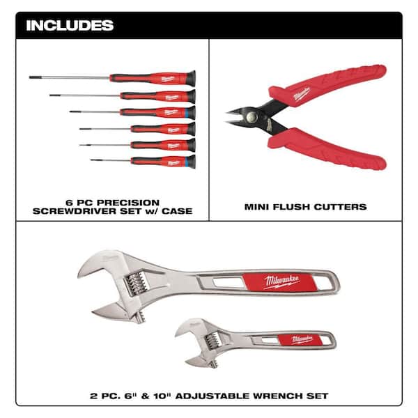6PC Precision Screwdriver Set, Mini Flush Cutters, and 2 Pc. 6" & 10" Adjustable Wrench Set