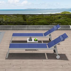3-Piece Navy Blue Outdoor Adjustable Full Aluminum Chaise Lounge with Side Table