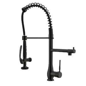 2-Handles 2-Function Commercial Style Pre-Rinse Spring Spout Pull Down Sprayer Kitchen Faucet in Matte Black