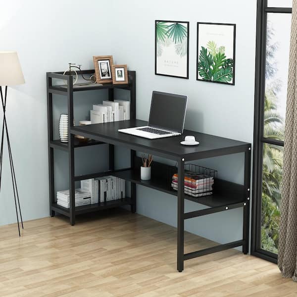 Office Desk With 4 Tier Storage Shelves, Wooden Office Desk With Shelves