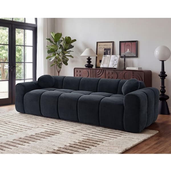 Merrick Oversized 98.4 in. Round Arm Bubble Puff Corduroy Rectangle Compressed Sofa in Black with 2 Pillows