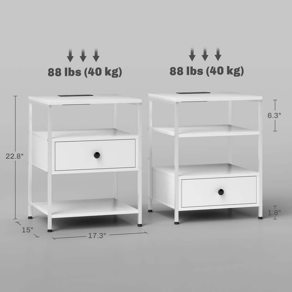 White Particleboard End Tables with Charging Stations and LED Lights