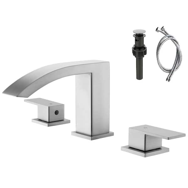 8 in. Widespread Double Handle Grille Shape Waterfall Spout Bathroom Sink Faucet with Pop Up Drain in Brushed Nickel