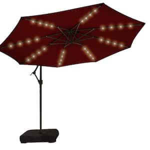 10 ft. Solar LED Patio Offset Umbrella Outdoor Cantilever Umbrella Hanging Umbrellas with Weighted Base in Burgundy