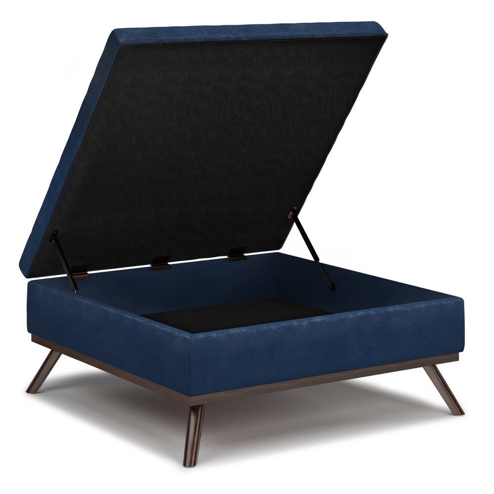 Owen Mid-Century Distressed Dark Blue Faux Leather Storage Ottoman