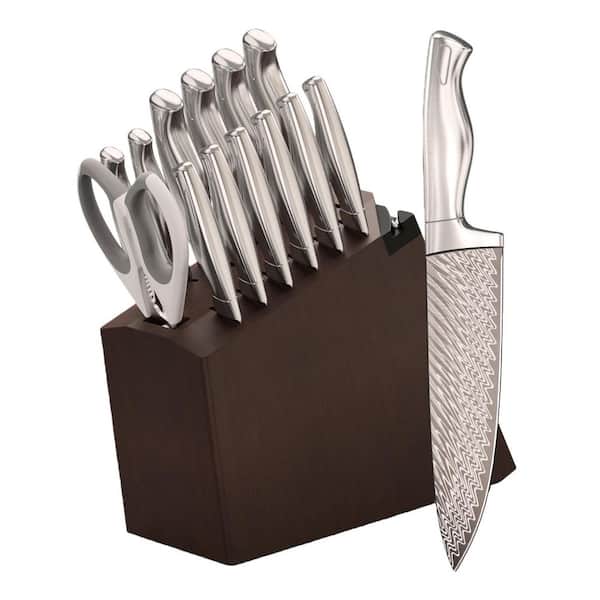 15-Piece Silver Stainless Steel Kitchen Knife Set Block and Built-in Sharpener, Knife Block Set with Ergonomic Handle