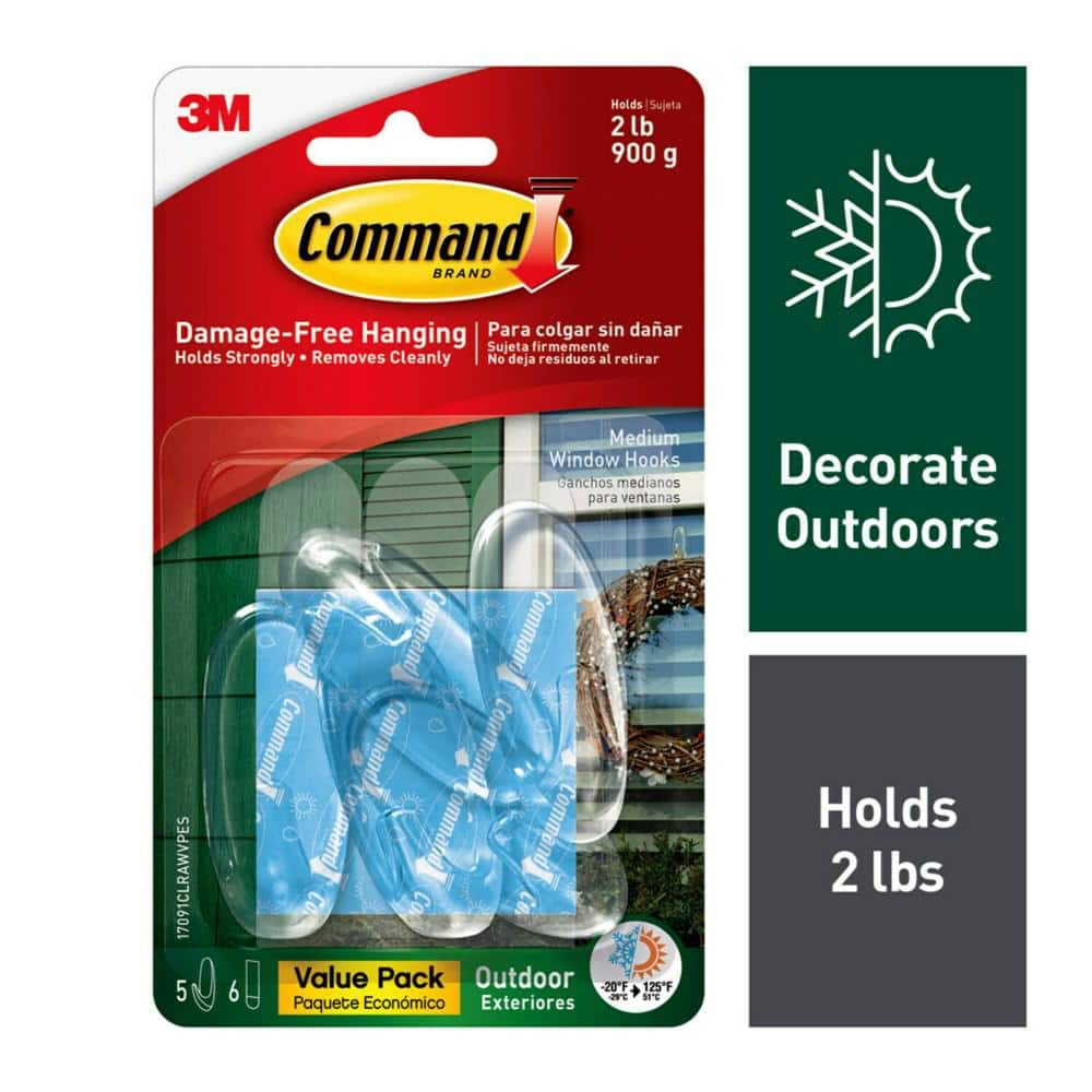 2 lb. Medium Clear Outdoor Window Hook Value Pack (5 Hooks, 6 Water Resistant Strips)