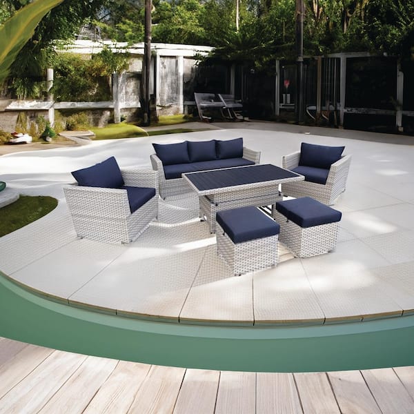 DEKO LIVING Outdoor Wicker Patio Sofa and Ottoman Set with Adjustable Table Height