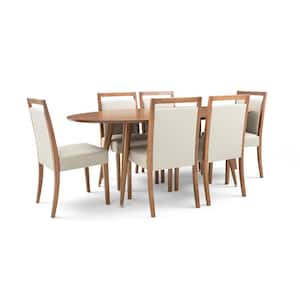 7 Piece Oval Almond Oak/Beige Wood Top Dining Set with Wood Frame Chairs Seats 6
