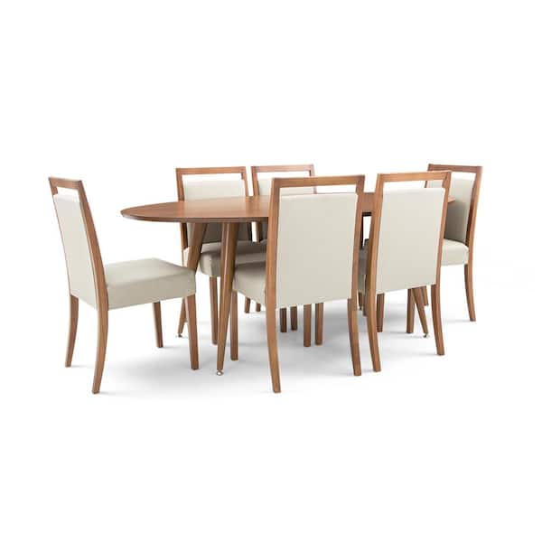 Herval 7 Piece Oval Almond Oak/Beige Wood Top Dining Set with Wood Frame Chairs Seats 6