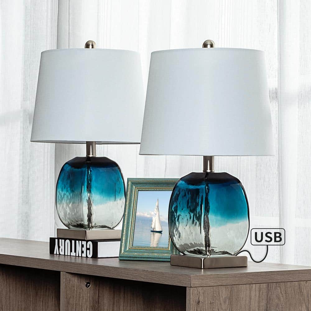 20.5 in. Clear Coastal Dimmable Glass Bedroom Living Room Bedside Desk Nightstand Table Lamps USB Port (Set of 2) price history on PriceWatchPro